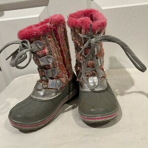 Ozark Trail Girls Size 9 Pink Tweed Faux Shearling Trim Winter Snow Boots